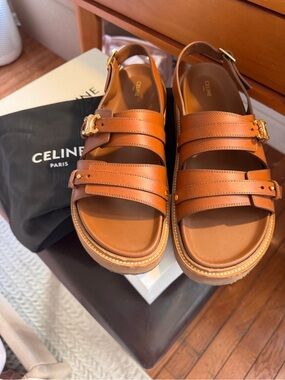 Celine Tan/Brown Leather Triple-Strap Platform Sandals